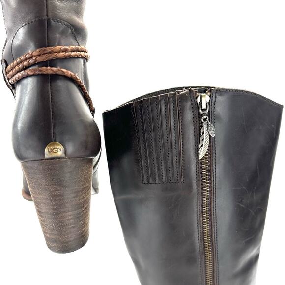 Ugg Brown Tall/Knee High Boot Size 10 Leather Block High Heel Almond Toe Bootie - Picture 9 of 14